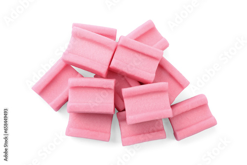 Pile of tasty pink chewing gums on white background, top view