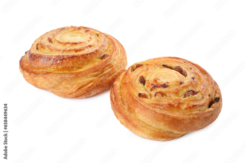 Freshly baked spiral pastries with raisins isolated on white Freshly baked spiral pastries with raisins isolated on white