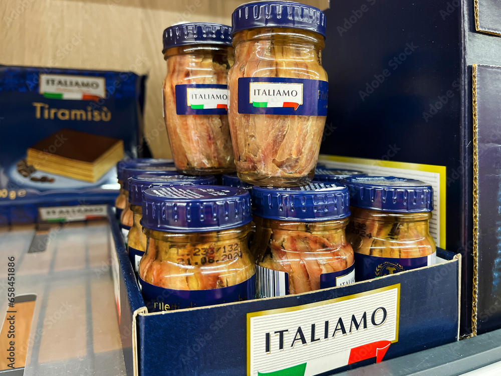 Italiamo Anchovy Fillets in Olive Oil in a Glass Jar at a German Store