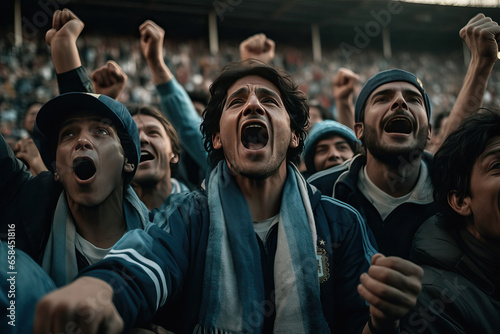 Argentine soccer fans cheer during a game in a stadium