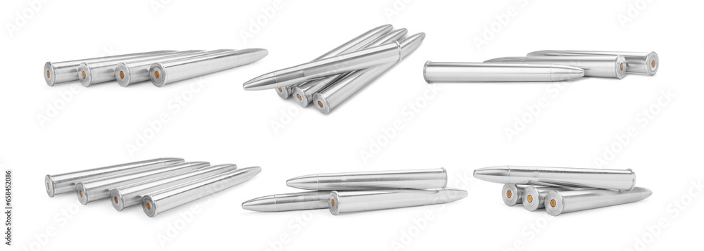Set of many bullets on white background. Firearm ammunition Set of many bullets on white background. Firearm ammunition