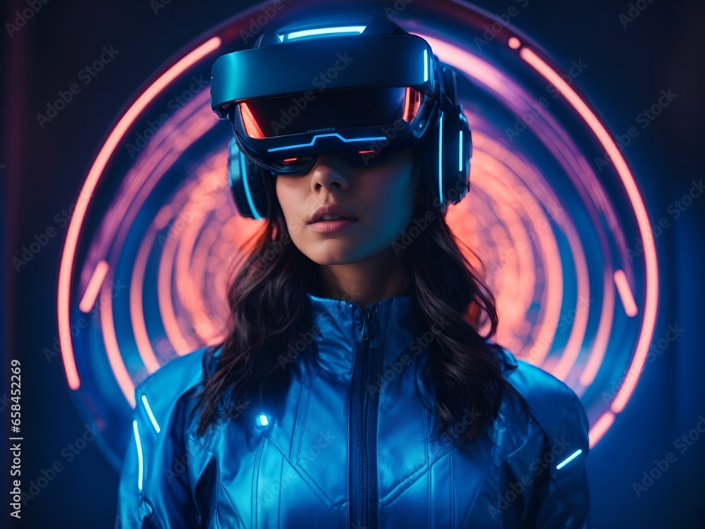 A woman in futuristic VR glasses: A glimpse into a new world A woman in futuristic VR glasses: A glimpse into a new world