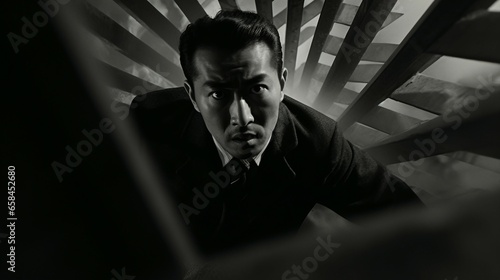 Asian man in suit in psychological thriller, film noir photo