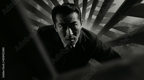 Asian man in suit in psychological thriller, film noir