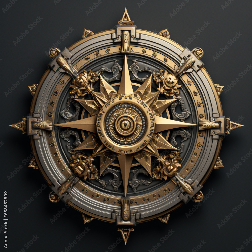 black and gold compass with metal ornament 3d gold design black and gold compass with metal ornament 3d gold design