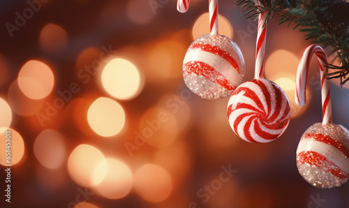 Christmas decoration with decorated tree, balls, toys, lights, text spacing and bokeh background.