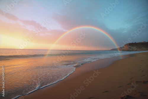 Spectacular Beachscape: Rainbow Over Ocean Horizon Interior Created with generative AI tools.