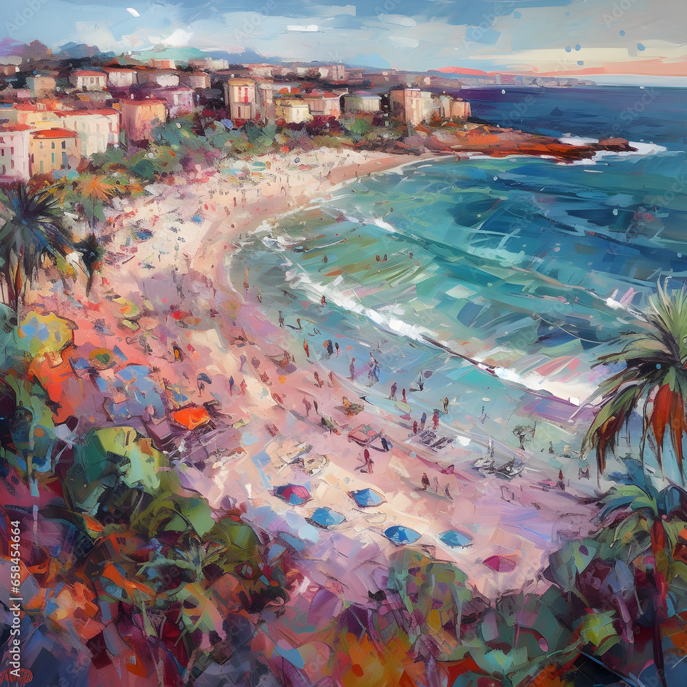 Colorful watercolor paintings of the French Riviera with waves, and people, umbrellas, beach scene, and buildings along the shore