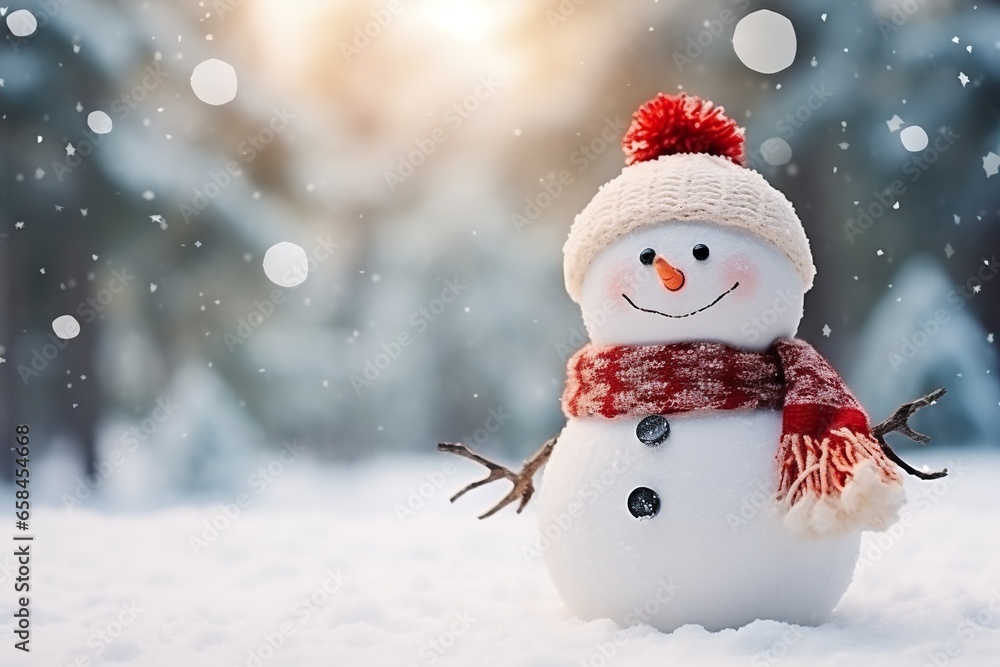 Christmas decoration with a cute cheerful snowman in the snow in the winter forest bokeh background 