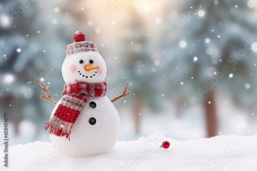 Christmas decoration with a cute cheerful snowman in the snow in the winter forest bokeh background 