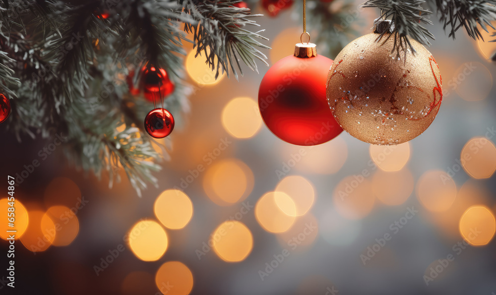 Christmas decoration with decorated tree, balls, toys, lights, text spacing and bokeh background.