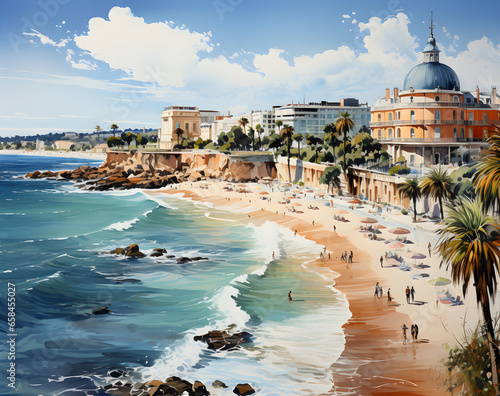 Платно Painting of a fantasy travel destination, like the French Rivera, with waves, pe