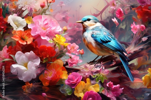 Fairytale abstraction using bright flowers and colorful birds  © PinkiePie