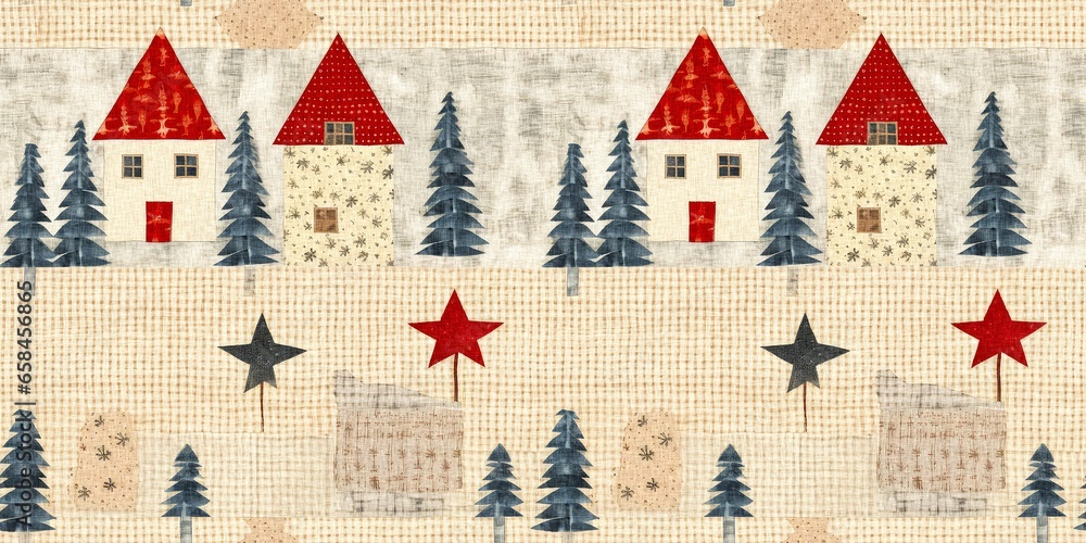 Fototapeta premium Rustic country christmas cottage with primitive hand sewing fabric effect. border. Cozy nostalgic shabby chic homespun ribbon trim with americana winter handmade crafts style edging.