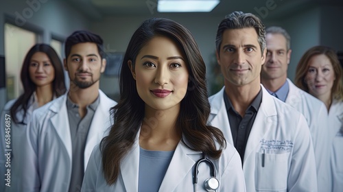 Diverse team of medical doctor in white lab coats looking at camera