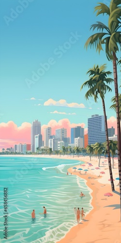 A panoramic view of Miami Beach captures the essence of coastal elegance with its high-rise buildings, pastel-colored hotels, bustling cafes, and beachgoers, a postcard scene. © BCFC