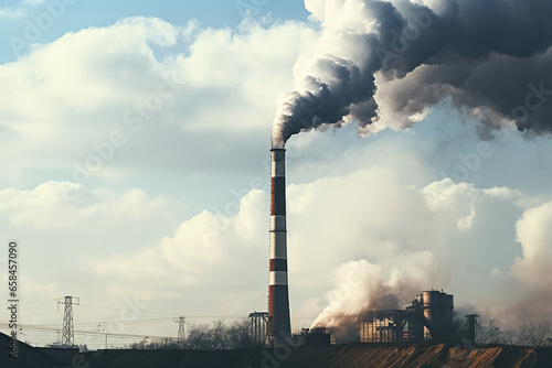 The smoke, smog, and dust gas emission from the industrial smokestacks on a clear blue sky with clouds background, Generative AI.