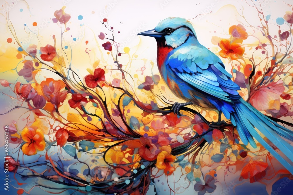 Fairytale abstraction using bright flowers and colorful birds Fairytale abstraction using bright flowers and colorful birds