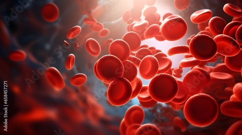 Red and white blood cells flowing through the blood vessels