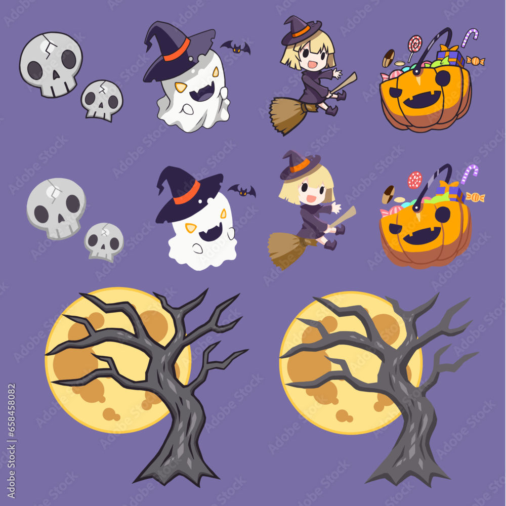 ハロウィンのかぼちゃと可愛いおばけと魔女のキャラクター ハロウィンのかぼちゃと可愛いおばけと魔女のキャラクター