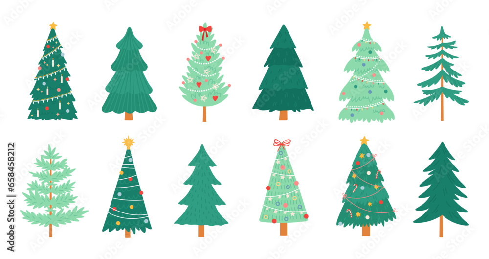 Vector christmas trees, merry xmas decorated tree with candles, candy, toys, star and tinsel