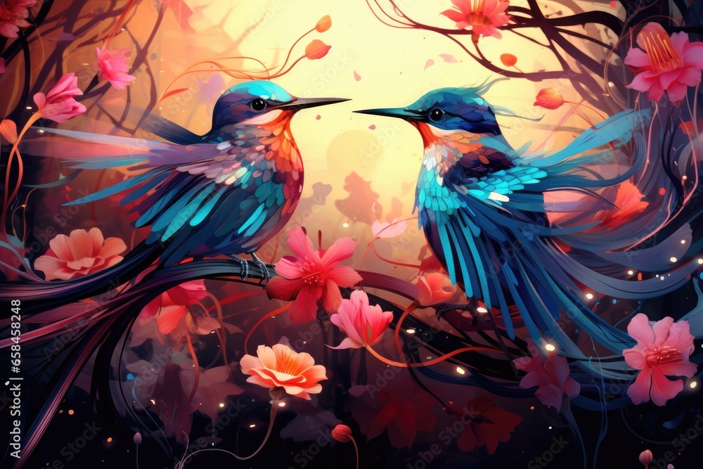 Fairytale abstraction using bright flowers and colorful birds 