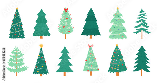 Vector christmas trees, merry xmas decorated tree with candles, candy, toys, star and tinsel