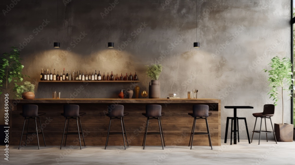 Modern luxury interior in cafe with bar and chairs with concrete walls, Generative AI
