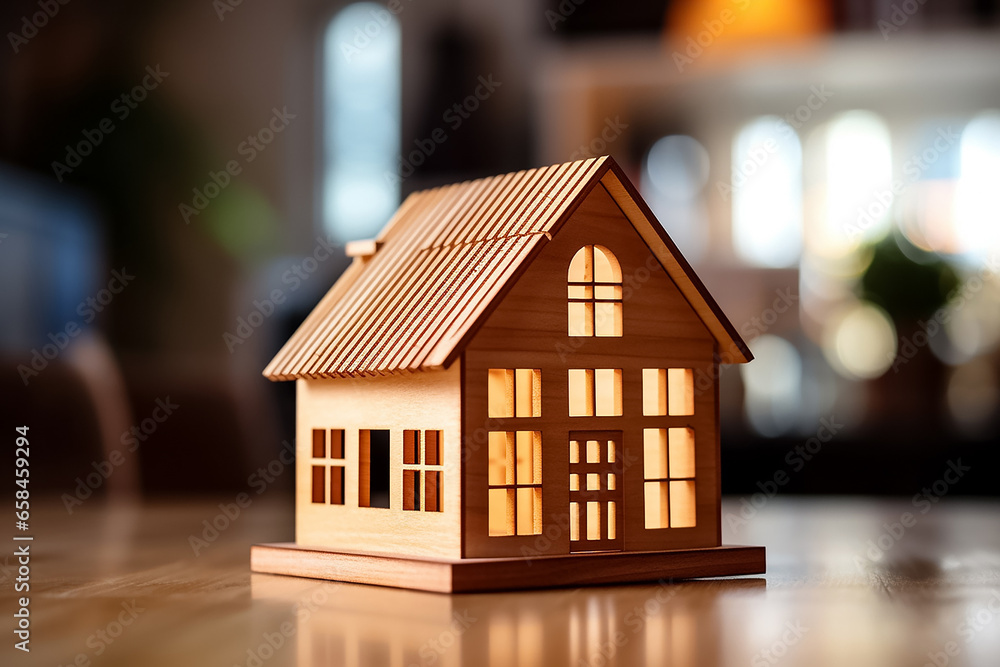 The close up of the tiny houses, made of wood, with fairy lights inside the houses placed on the wooden table and blurry glare lights background, Generative AI. The close up of the tiny houses, made of wood, with fairy lights inside the houses placed on the wooden table and blurry glare lights background, Generative AI.