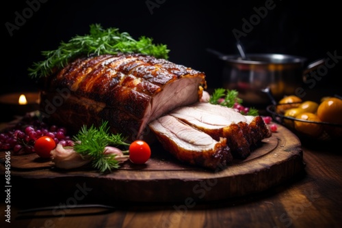 Scandanavian culinary heritage with a mouthwatering close-up of Flæskesteg, a tender and juicy traditional Danish dish, boasting succulent roast pork, crispy crackling photo