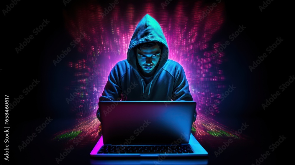 Cybercrime concept. A hacker, programmer, in a hood working in a dark workspace is hacking others' privacy, personnal information, security