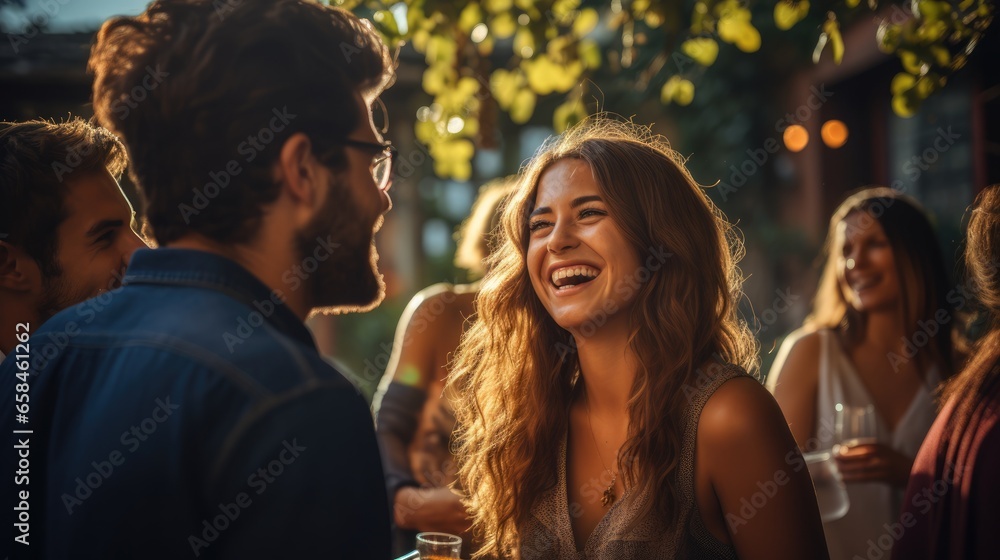 Large group of friends, millennial people with friend enjoying a fun-filled social gathering at an outdoor restaurant, friendship and social gathering concept, Generative AI