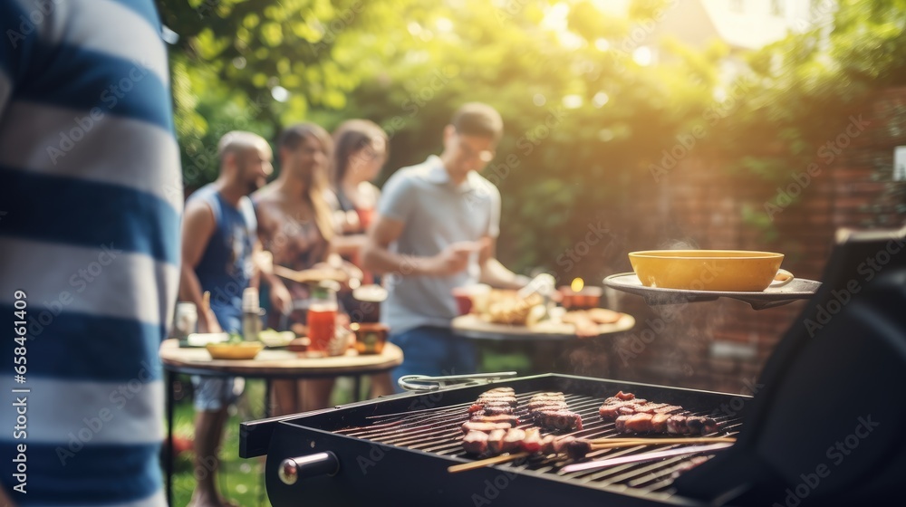 Barbecue grill during party at backyard with blured a lot of friends morning, birthday party of Happy family in nature while having a blast, Generative AI Barbecue grill during party at backyard with blured a lot of friends morning, birthday party of Happy family in nature while having a blast, Generative AI