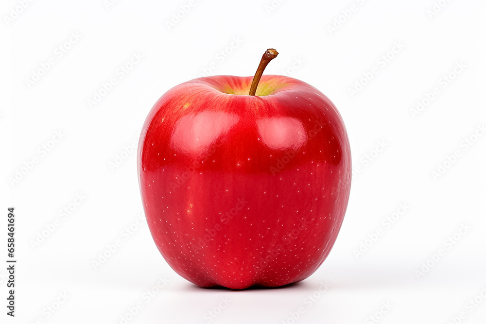 A fresh red apple fruit with little green leaves covered by some water droplets, isolated on the white background, shot in a studio that was generated by AI. A fresh red apple fruit with little green leaves covered by some water droplets, isolated on the white background, shot in a studio that was generated by AI.
