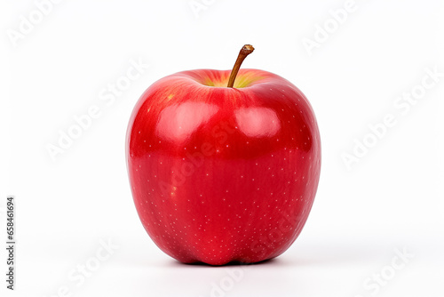 A fresh red apple fruit with little green leaves covered by some water droplets, isolated on the white background, shot in a studio that was generated by AI.