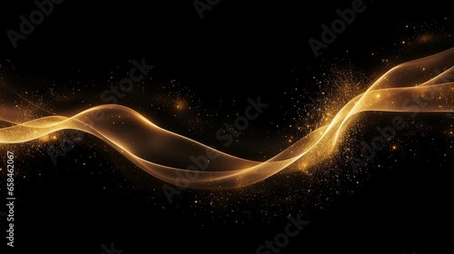 Golden glitter wave abstract illustration. Golden stars dust trail sparkling particles isolated on transparent background. Magic concept. PNG © UMR