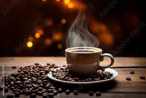 The shot of the black coffee in the white cup on the coaster decorated with many coffee beans placed on the wooden table in the room, Generative AI.