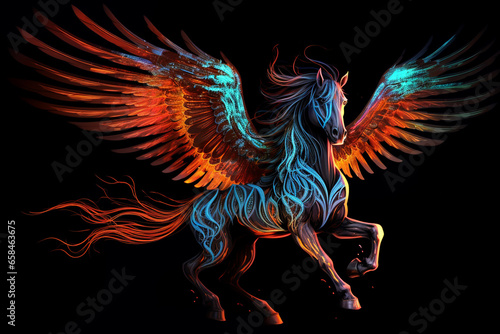 winged horse, neon, dark background © Samsul