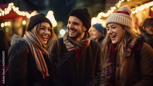 Young friends gather joyfully at the Christmas market. Christmas and New Year concept.