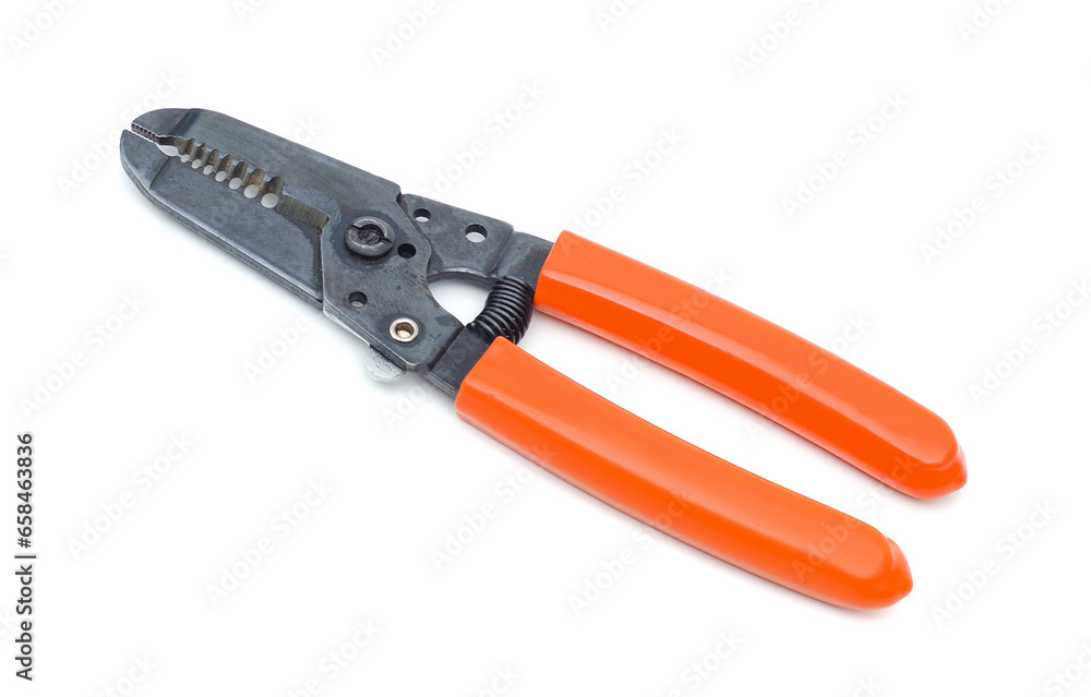 Wire stripping pliers with orange handles isolated on white background. Wire stripping pliers with orange handles isolated on white background.