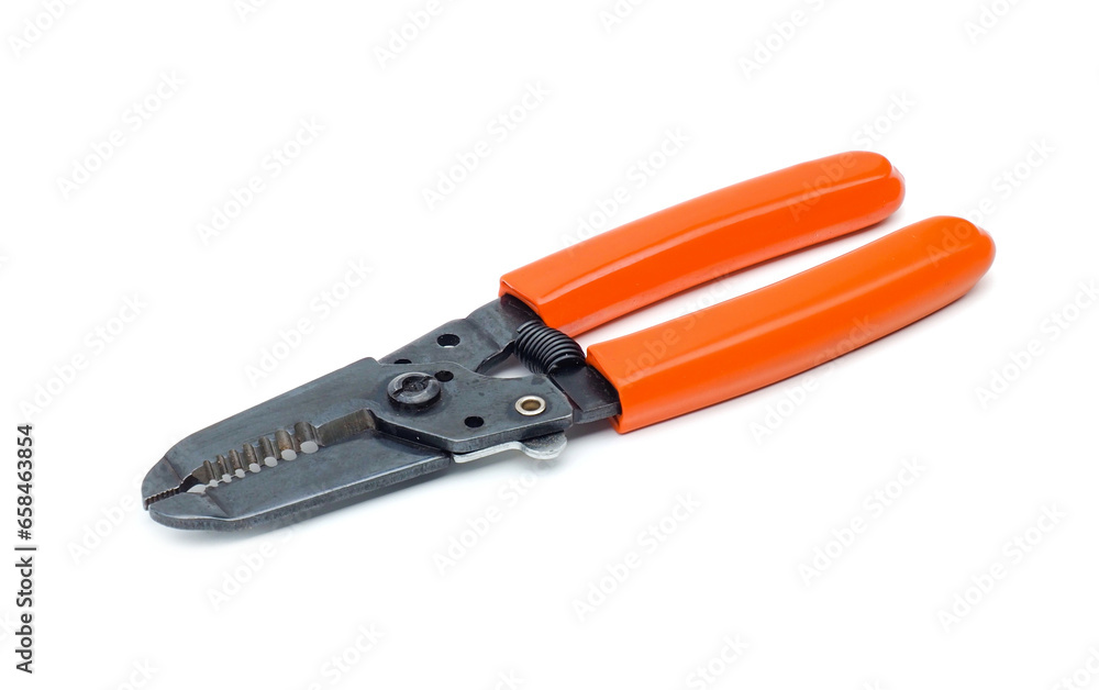 Wire stripping pliers with orange handles isolated on white background. Wire stripping pliers with orange handles isolated on white background.