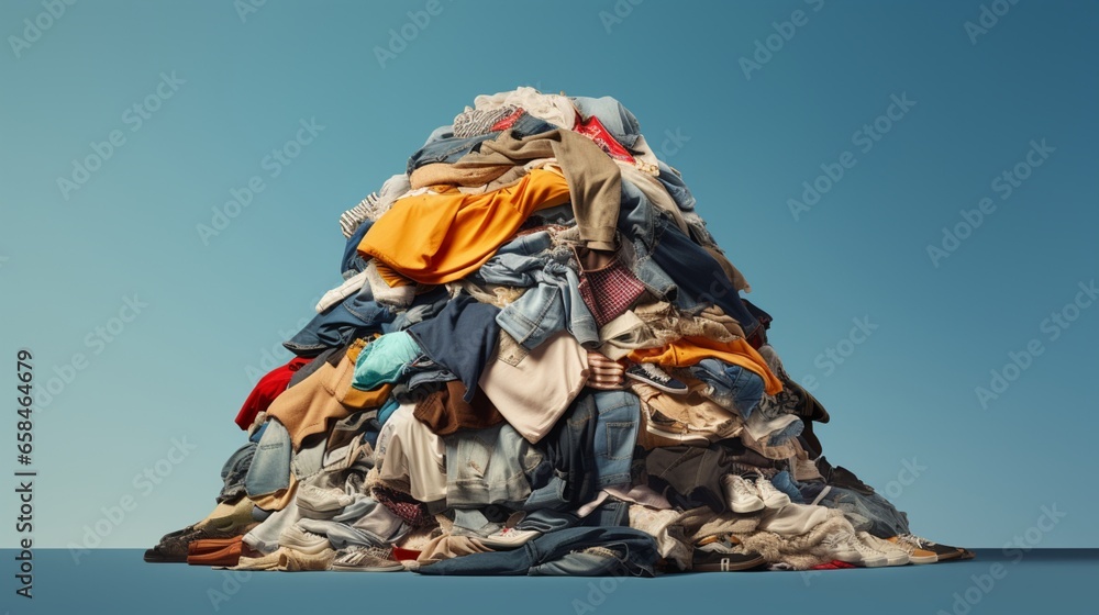 large pile stack of textile fabric clothes and shoes. concept of recycling, up cycling, awareness to global climate change, fashion industry pollution, sustainability, reuse of garment - obrazy, fototapety, plakaty 