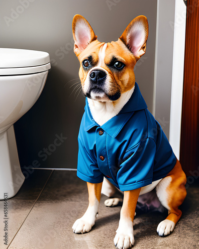 Fun Picture Of Dog Wearing A Shirt Sitting In A Bathroom