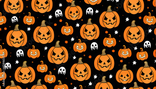 Scary october holiday background in hand drawn style. Spooky autumn party wallpaper print creepy smiling pumpkin texture art. Halloween jack o lantern cartoon seamless pattern generative AI