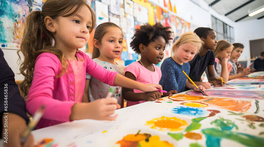 Group of diverse children in art class painting picture. Happy school kids are doing creative project in classroom Group of diverse children in art class painting picture. Happy school kids are doing creative project in classroom