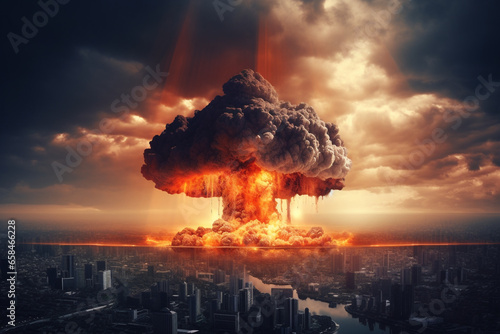 nuclear bomb explosion in the city. threat of nuclear war photo