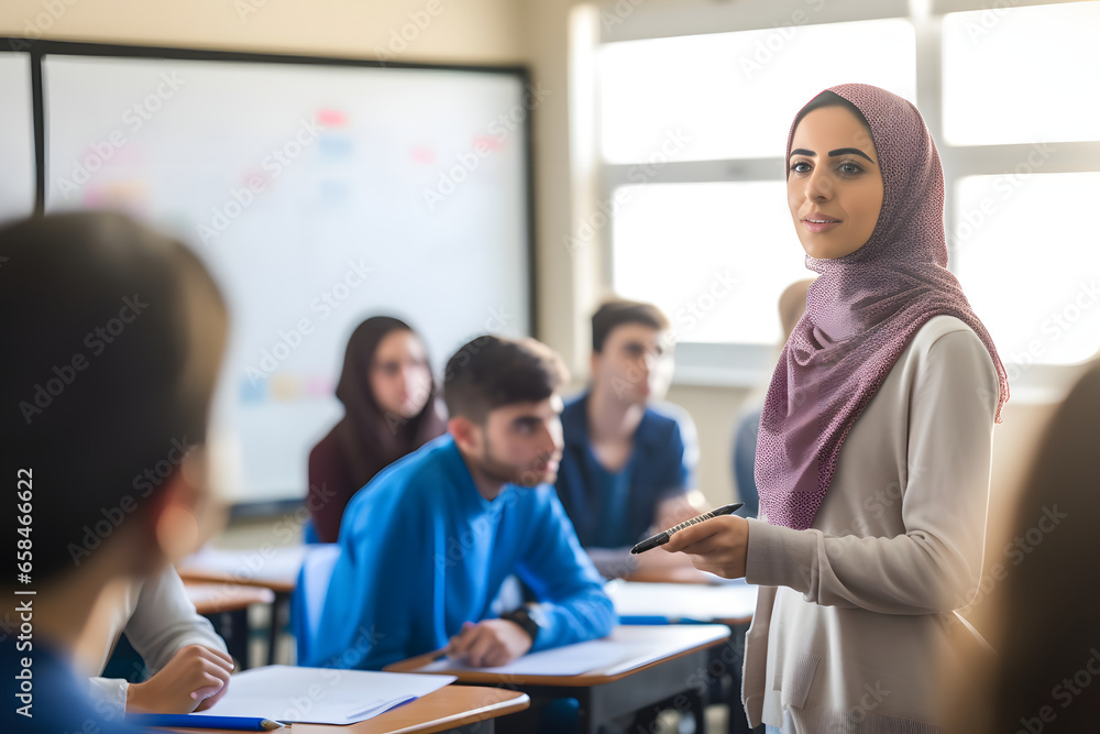 Female hijab muslim teacher teaching lesson pointing at whiteboard, education activities in classroom at school Female hijab muslim teacher teaching lesson pointing at whiteboard, education activities in classroom at school