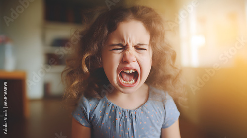 Portrait of crying little girl crying and shouting with tantrum at home photo