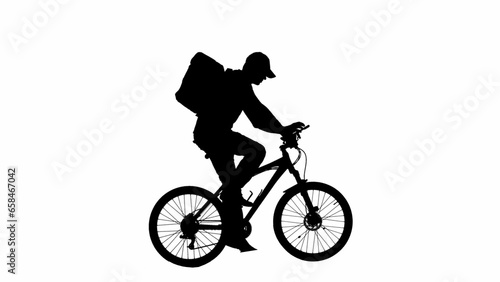 Fototapeta Naklejka Na Ścianę i Meble -  Black silhouette of deliveryman with portable refrigerator looking something on smartphone riding a bicycle, isolated on white background alpha channel.