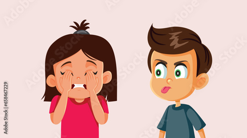 Rude Boy Annoying Little Sister Being Ignored Vector Cartoon Illustration. Bad misbehaving friend teasing a girl exasperated with his childish antics 
